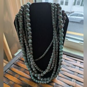 Wooden Beaded Necklace w/ Turquoise Patina